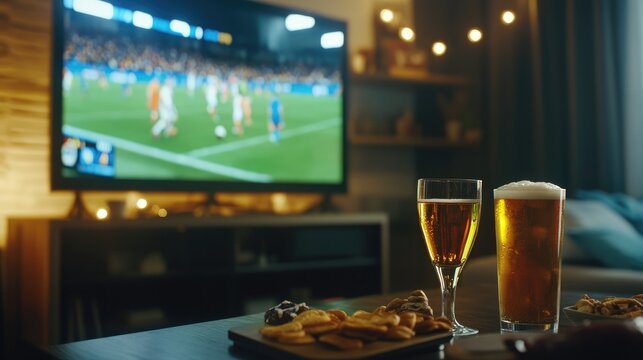 Cozy home setup with beer glasses and snacks in front of a TV broadcasting a football match, capturing the excitement of sports fans watching together.