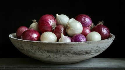 Variety of Onions in Rustic Bowl with Dark Background Showcasing Red, White, and Purple Onions in Artistic Food Photography