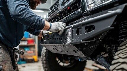Close-up of a reinforced metal bumper, step bars, and black grille being installed on an SUV in a customization workshop. The tough components reflect a focus on durability and off-road performance.