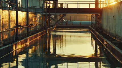 Sunrise at an industrial water treatment plant, with gentle reflections on the water and light hitting the metal structures