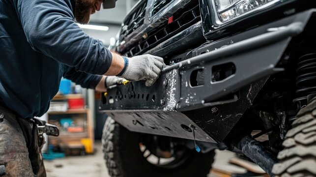 Close-up of a reinforced metal bumper, step bars, and black grille being installed on an SUV in a customization workshop. The tough components reflect a focus on durability and off-road performance.