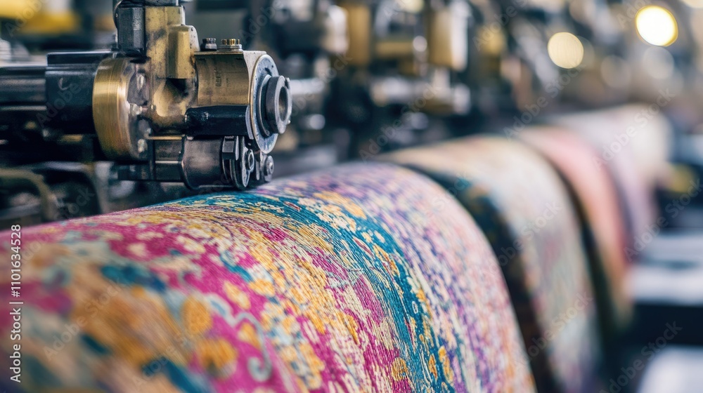 Aufkleber Textile machine intricately crafting vibrant patterns in a modern factory, with machinery and threads moving in harmony under bright lights.