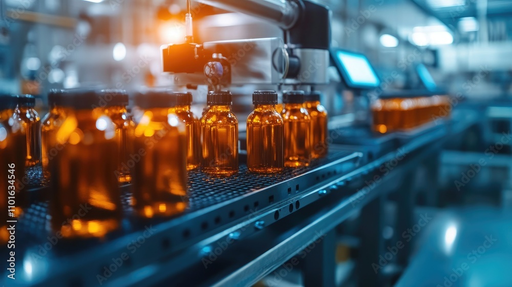 Poster Technician monitoring a modern liquid filling machine as it fills bottles, with automated systems in the background and a clean environment.