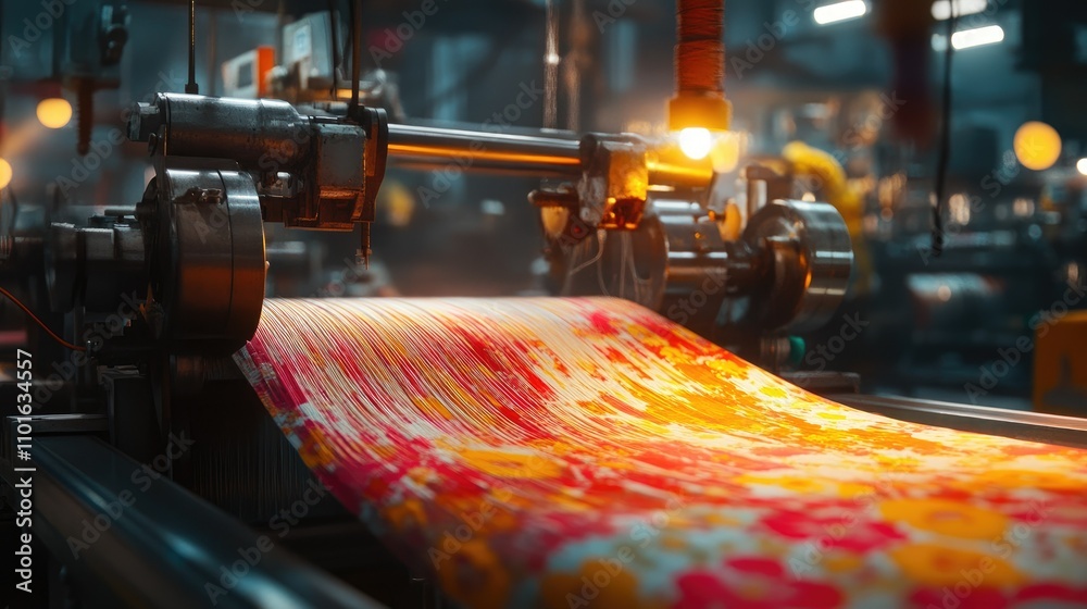 Aufkleber Textile machine intricately crafting vibrant patterns in a modern factory, with machinery and threads moving in harmony under bright lights.