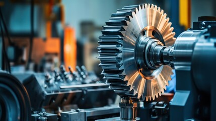 Naklejka premium Close-up of a turbine rotor mounted on a balancing machine, with technicians monitoring the calibration for turbocharger repair. The setup highlights accuracy in maintaining balanced performance.