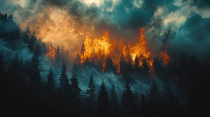 Naklejka premium Intense Forest Fire Illuminating the Sky with Bright Flames and Thick Smoke Amidst Dark Clouds, Highlighting Environmental Crisis and Climate Change Effects