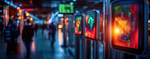 A vibrant, illuminated train station featuring digital displays and bustling commuters, showcasing a modern urban atmosphere at dusk.