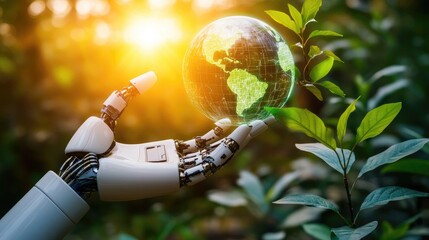 Environmental preservation, robotic hand holding a glass earth with lush greenery thriving inside.