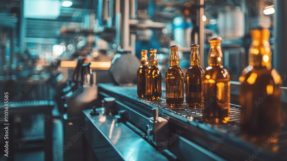 Poster warm, soft lines of beverage production equipment in a factory setting, with subtle lighting highlig