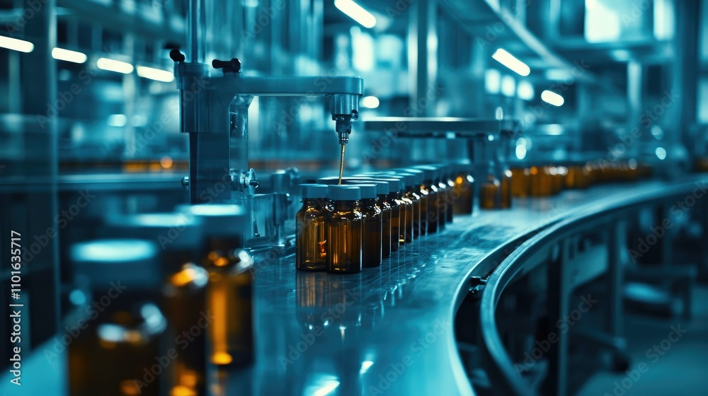 Poster wide shot of a packaging facility with modern filling machines working efficiently on a busy product