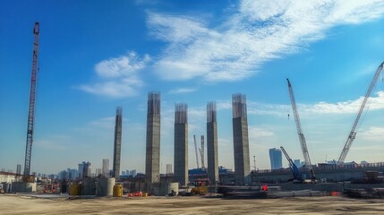 Fototapeta premium Concrete bridge pillars and cranes on a construction site for the China high-speed railway, set against a blue sky