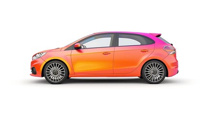 A compact hatchback with vibrant colors, set against a solid white surface