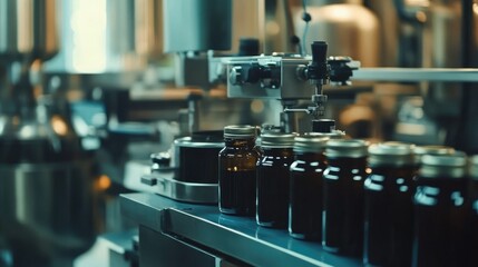 Fototapeta premium Wide shot of a packaging facility with modern filling machines working efficiently on a busy production line, filling bottles and jars.
