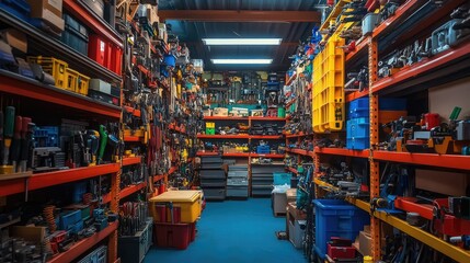 Wide shot of a vibrant industrial storage room, filled with shelves stacked with mechanical parts, tools, and equipment in vivid colors