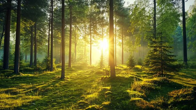 Sunlit forest path with mossy ground and tall trees.