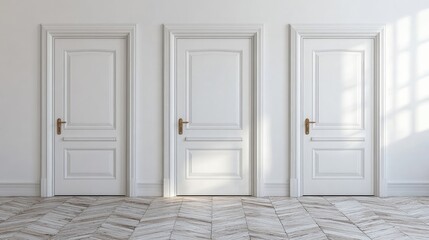 Three elegant white doors in a minimalist setting, symbolizing choices and pathways with light streaming in from a nearby window.