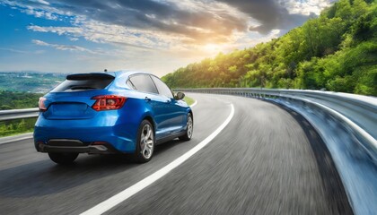Rear view of a sleek blue business car speeding through a sharp turn, showcasing dynamic motion and precision on a high-speed highway with smooth asphalt and vibrant lighting effects.