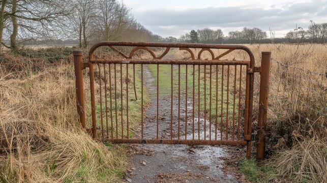 Rusty metal kissing gate at rural footpath entrance, framed by overgrown grasses and trees under a cloudy sky, inviting exploration of nature. - Powered by Adobe