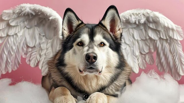 Adorable dog with angel wings resting on clouds, set against a soft pink background