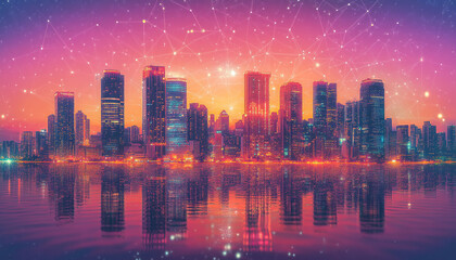 Obraz premium Futuristic Cityscape with Neon Lights and Digital Network Overlay