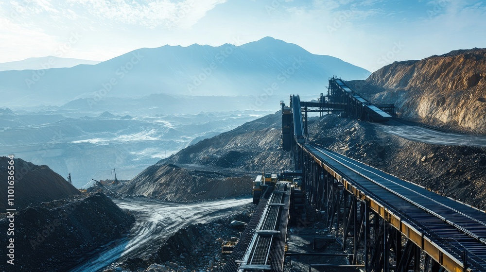 Poster wide shot of an industrial conveyor system at a mining site, with steep mountain ranges looming in t