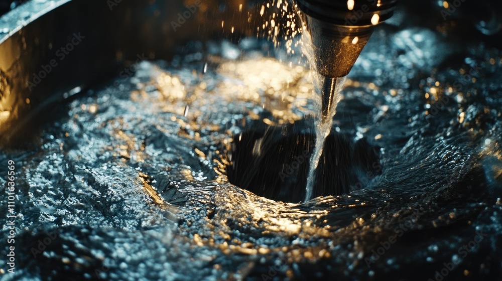 Poster wide-angle shot of a precision machining process with water jets cooling the metal as a machine cuts