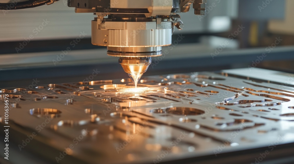 Aufkleber wide-angle shot of a precision machining process with water jets cooling the metal as a machine cuts
