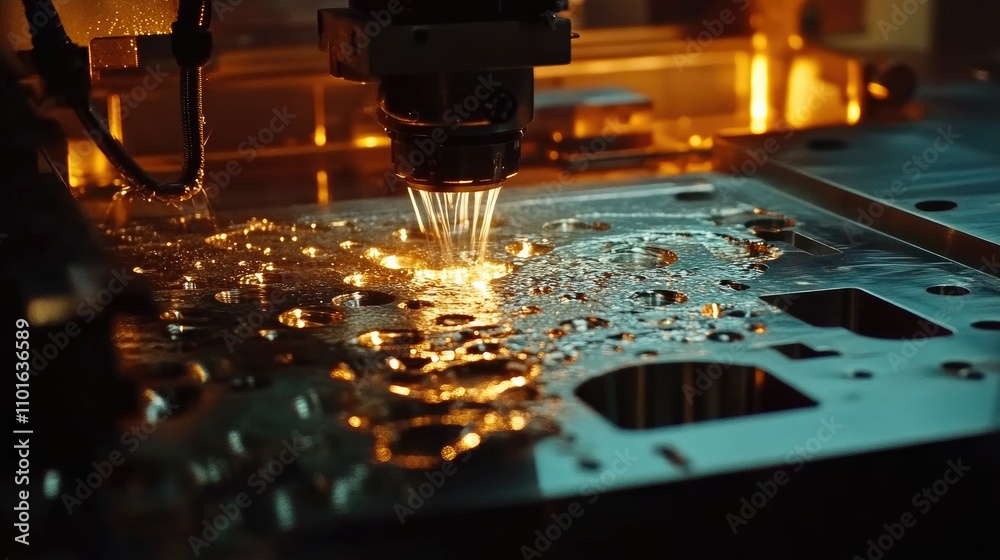 Poster wide-angle shot of a precision machining process with water jets cooling the metal as a machine cuts
