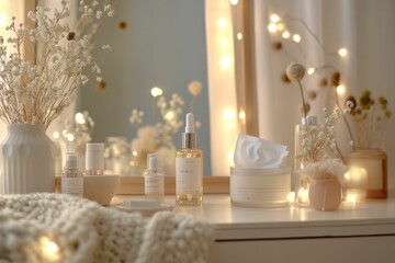 Fototapeta premium Cosmetics, flowers, and lights on vanity.