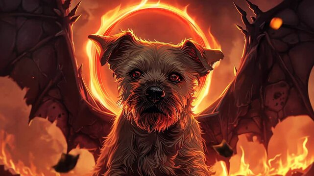 A whimsical yet dark illustration of a dog with devil wings in a fiery landscape