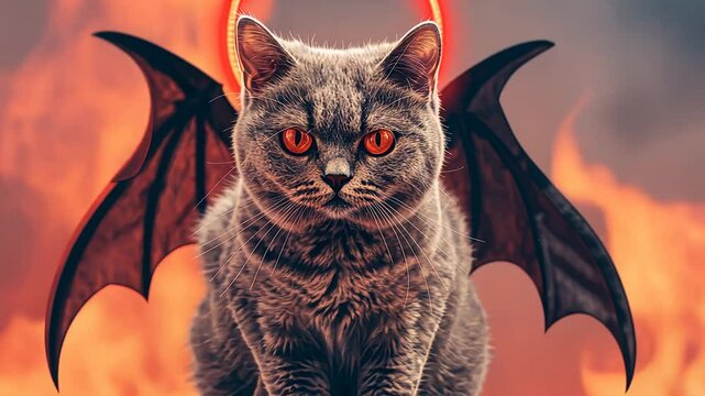 A whimsical cat with angelic and demonic features, set against a fiery backdrop