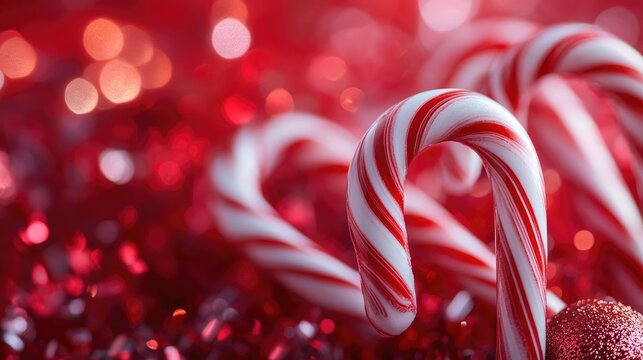 Vibrant candy canes nestled in festive red decorations, embodying the cheerful spirit of the holiday season in a high-quality, colorful display.