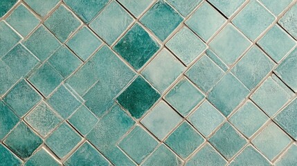 Background of light teal blue diamond-shaped tiles arranged in a geometric pattern, showcasing subtle variations in color and texture.