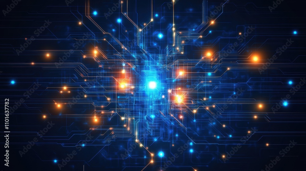 Poster abstract representation of technology with glowing circuits and data flow.