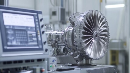 Obraz premium Detailed shot of a turbocharger rotor on a balancing machine, with calibration sensors and displays highlighting precise adjustments. The focus is on accuracy in turbo repair and maintenance.