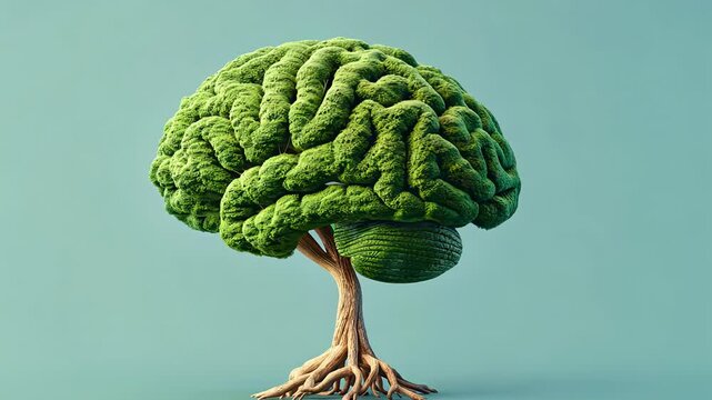 A surreal illustration of a green brain shaped like a tree, growth and intelligence