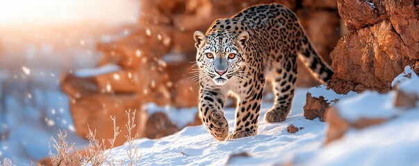 Obraz premium Majestic leopard walking through a snowy landscape