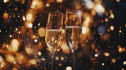 Festive New Year backdrop with two champagne glasses amidst shimmering gold confetti and bokeh lights, providing ideal space for celebration themes.