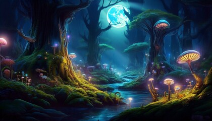 月明かりに照らされた魔法の森。光り輝く妖精や神秘的な動物のような幻想的な生き物が、きらきらと輝く苔に覆われた古木の間を歩き回っています。この光景は、別世界でありながらも魅力的に感じられ