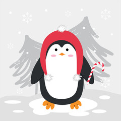 Cute Christmas penguin in flat style wearing festive decorations. Perfect for holiday cards, banners, and winter designs.