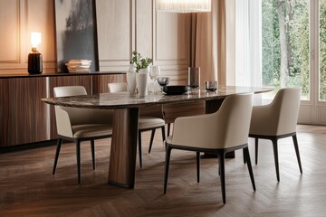 Modern dining set, marble table, wood legs, beige chairs.
