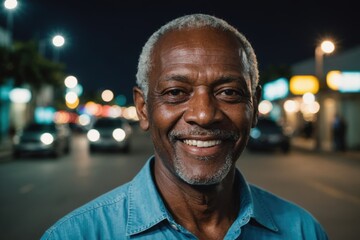Obraz premium Close portrait of a smiling senior Bahamian man looking at the camera, Bahamian city outdoors at night blurred background