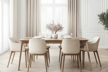 Elegant dining room, wooden table, beige chairs.