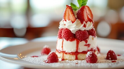 Elegant raspberry dessert with vanilla cream, strawberries, and whipped cream, beautifully arranged in a selective focus display on a plate.