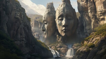 Obraz premium Two enormous stone faces are carved into the canyon walls, overlooking a series of waterfalls. Their solemn expressions complement the grandeur of the surrounding rocky terrain, blending natural and