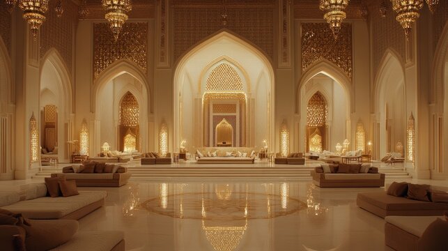 Arabian-inspired modern interior with a grand seating arrangement, elegant arches, and gold accents creating a luxurious ambiance