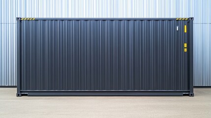 A large, gray shipping container positioned against a textured wall, designed for storage and transport.
