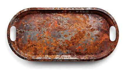A weathered, rusty serving tray with an oval shape and handles, showcasing signs of age and wear.