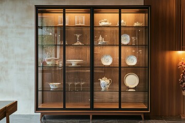 Illuminated glass cabinet; fine china, glassware displayed.