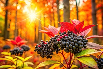 Vibrant Elderberry Black Berries in Autumn Woods - Nature's Palette, Seasonal Beauty, Wild Berries, Harvest Time, Forest Landscape, Bountiful Nature, Colorful Foliage, Autumn Vibes